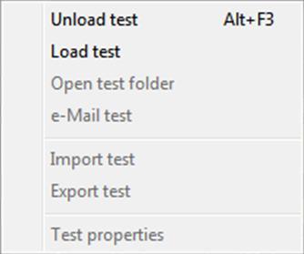 The Data Pull-down menu allows the loading and unloading of tests, the opening of a test folder, the ability to email a test directly from the software, import/export