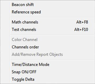 The Modify Pull-down menu allows you to modify the beacon position and the reference speed. Math channels are modified, created, and deleted here.