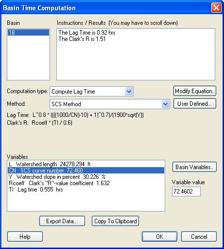 Figure 5-1: Lag Time Variables for Basin Time Computation 12. Scroll all the way to the right and make sure that the Time of Concentration (hr) and Storage Coefficient (hr) are calculated.