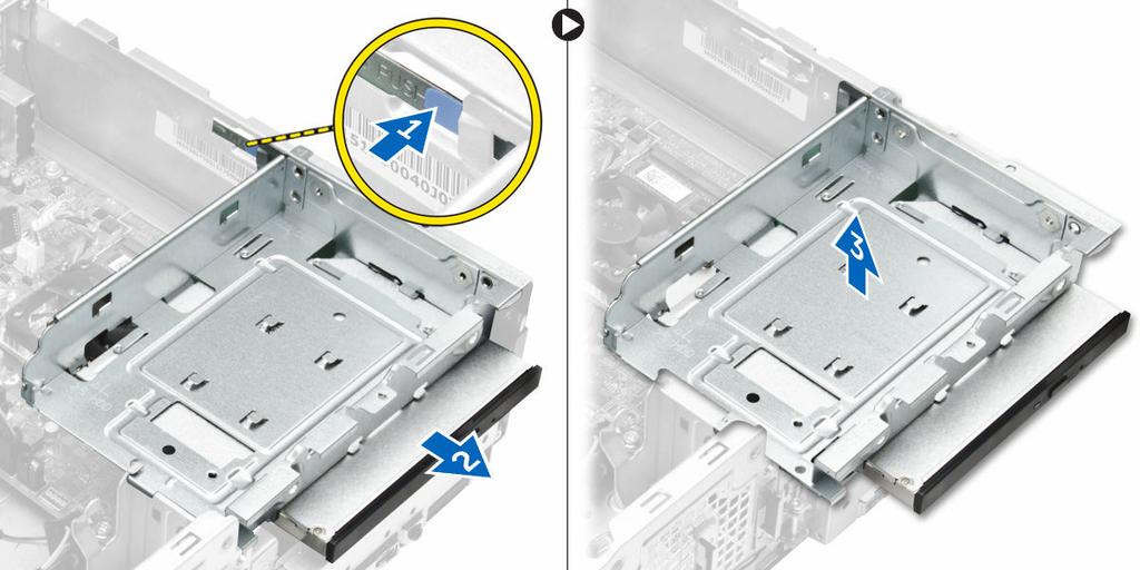 Figure 8. 4. Follow the steps to remove the optical drive: a. Press the blue tab to loosen the optical drive [1]. b. Slide the optical drive [2] and lift it up to remove it from the chassis [3].