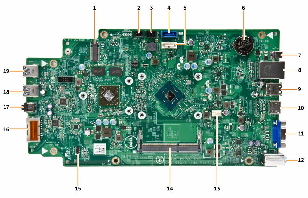 System Board Layout Figure 12. 1. NGFF connector 2. Light bar connector 3. SATA power connector 4. SATA connector 5. SATA connector 6. Coin-cell battery 7. DC-In jack 8. Network & USB 2.