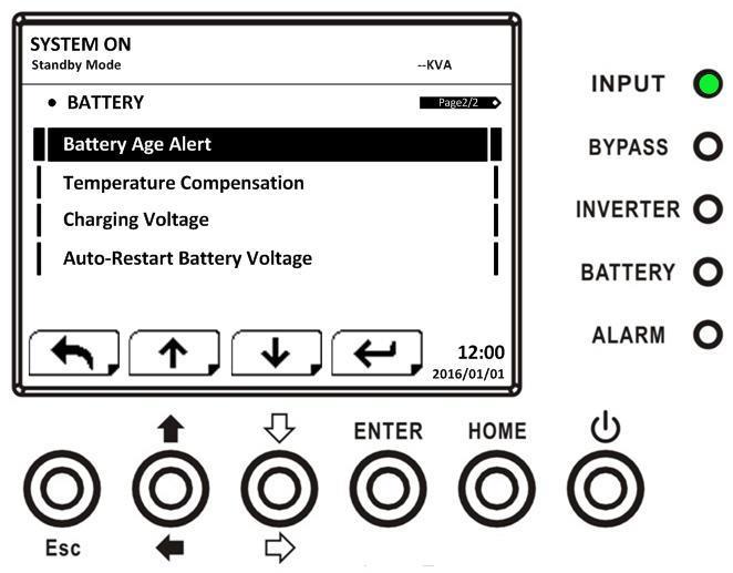Figure 4-25 Setup-Battery Screen page 2 Battery setting can be set only when UPS is operating in standby mode. If it s not in standby mode, the warning screen will appear as shown in Figure 4-23.