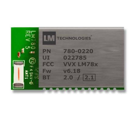 LM780 Bluetooth Serial Data Module 25m Distance with On-Board Antenna Bluetooth v2.0 + EDR and 2.1 + EDR compliant firmware available Low Power consumption 3V - 5.