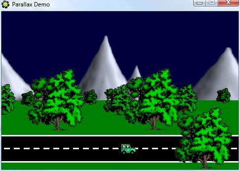 Figure 9. The parallax demo. Clearly this demo is not a game. To turn it into a game you must give the player the opportunity to steer the car and for example add other traffic to avoid.