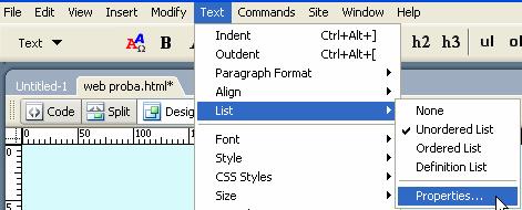 glavnog menija kartica text) Iz menija Text -Podešavanje fonta na Web stranicama se vrši izborom familije fontova -Mogu se podesiti veličina i boja fonta Liste -Postoje sledeće vrste lista: