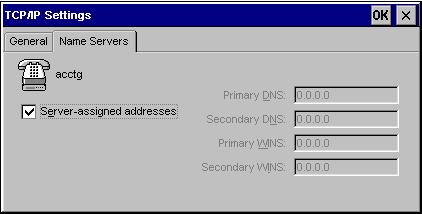 NCD Dial-Up Connections Supply information on the Name Servers tab as follows: Server-assigned addresses Causes the dial-up client to accept from the dial-in server the IP addresses of the hosts