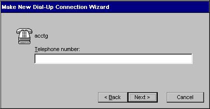 NCD Dial-Up Connections 7. Specify the telephone number to dial and click Next. Type the complete phone number of the modem on the dial-in server; using up to 128 characters.