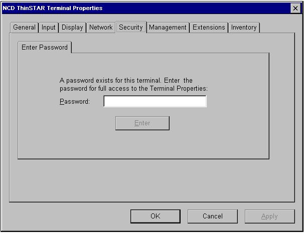 Security To enter the password: 1. Type the password in the Password field. 2. Click the Enter button or press Enter.