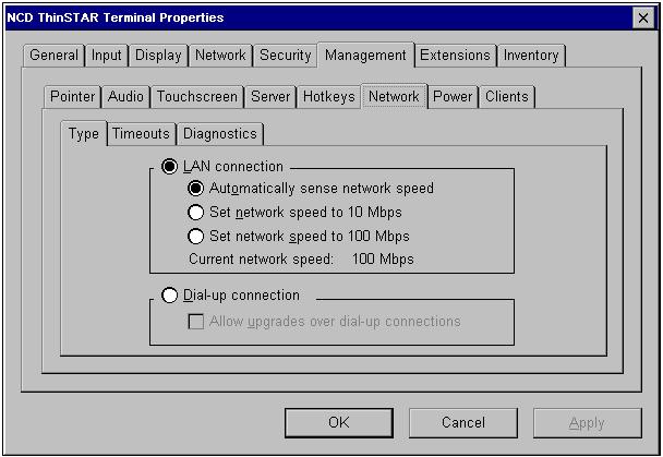 Management Properties 2. Select Management > Hotkeys. 3. Select Enable Connection Hotkeys, then click Apply or OK. Network The terminal can communicate over a modem or a LAN.