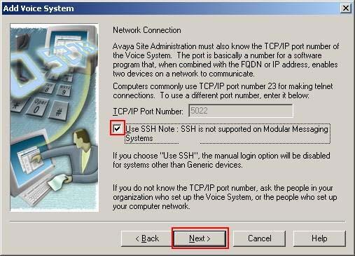 5. Check Use SSH and click Next. SSH is enabled by default on the Avaya Server.
