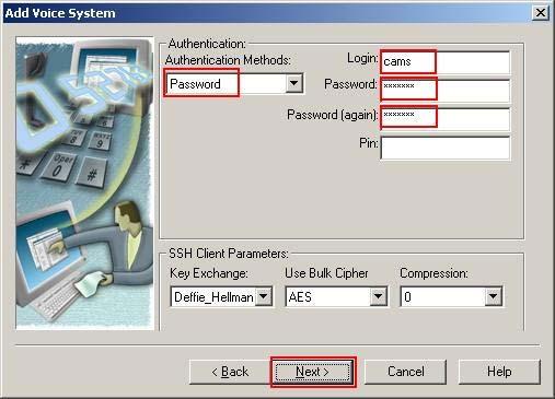 7. Select Password for Authentication Methods and enter the login created for Eastcom CAMS in Section 3.3 for the fields Login, Password and Password (again). Click Next.