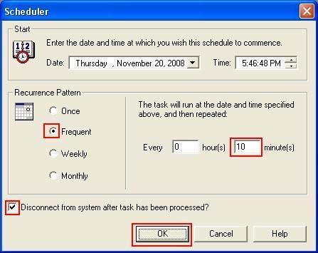 12. At the Scheduler screen, check Frequent for Recurrence Pattern and set the report to run every 10 minutes.