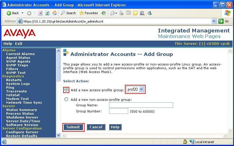 Select Add a new access-profile group and select prof20 from the drop-down box
