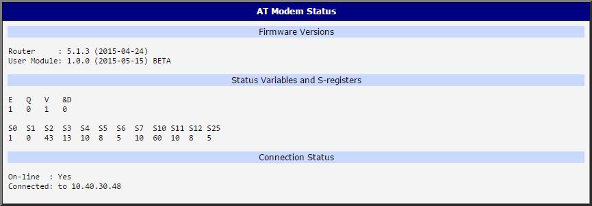 2. STATUS 2. Status 2.1 AT Modem Emulator Status The Status page will display this information: Firmware Versions Figure 3: AT Modem Emulator Status Router FW version.