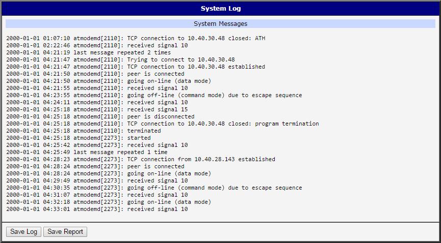 2 System Log Figure 4: AT commands for switching AT modes Figure 5: System Log The System Log page displays log messages. It is the same system log as the one in the main menu of the router.