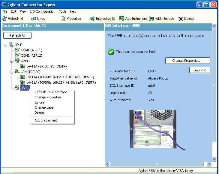 L4411A Software Installation and Configuration 2 Adding Instruments to the USB Configuration With the L4411A connected to the PC through the USB cable, start Agilent Connection Expert.