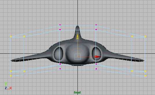 Polygonal Spaceship Finishing the model Wing tips moved down 9 Curve the nose forward and down In the Side view, Select the front two rows of control points. Move these points forward and down.