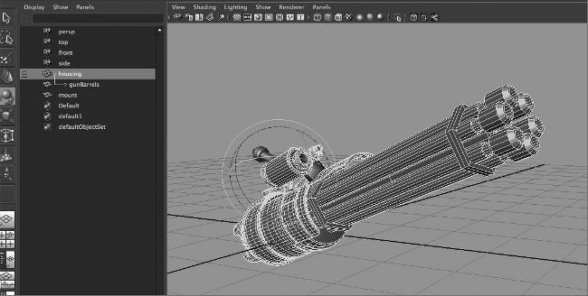 Creating and Editing Maya Nodes 13 7. In the Outliner, select the gunbarrels object.