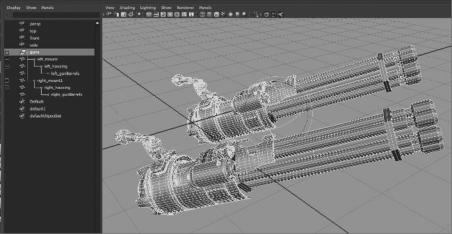 Creating and Editing Maya Nodes 15 Figure 1.12 The guns group is rotated as a single unit.