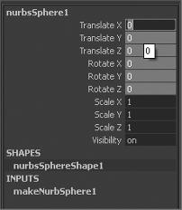 20 Chapter 1 Working in Autodesk Maya 3. The Channel Box will list the currently selected object. Select the sphere, and you ll see nurbssphere1 appear.