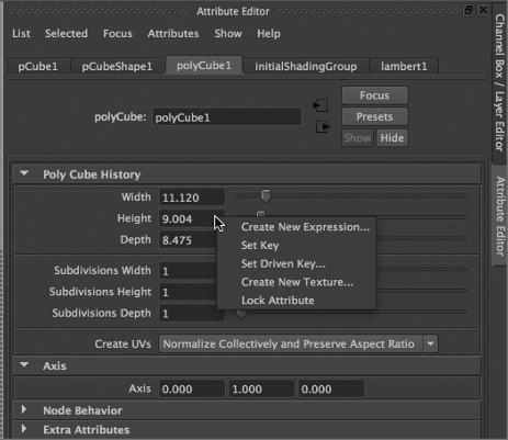 24 Chapter 1 Working in Autodesk Maya Figure 1.21 Right-clicking an attribute field reveals a menu with options for animating the attribute value. Figure 1.22 You can enter simple mathematical expressions directly into a field in the Attribute Editor.