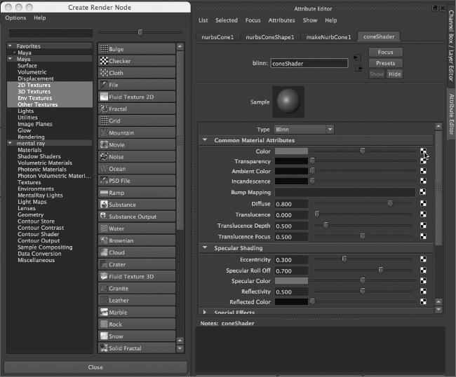 Creating and Editing Maya Nodes 29 Use the Shelf Buttons to Create a New Shader You can assign a new material to a surface using the buttons in the rendering shelf at the top of the Maya interface