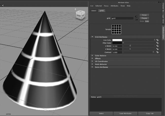 30 Chapter 1 Working in Autodesk Maya Figure 1.30 The grid texture appears on the cone when the perspective view is set to shaded mode. 11.