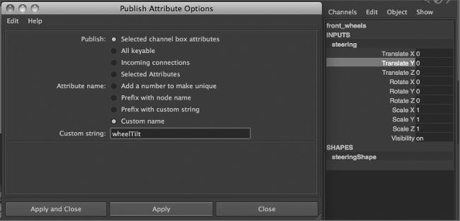 42 Chapter 1 Working in Autodesk Maya 3. In the Channel Box, select the Translate Y channel, and from the Edit menu in the Channel Box, choose Publish To Asset Options. 4.