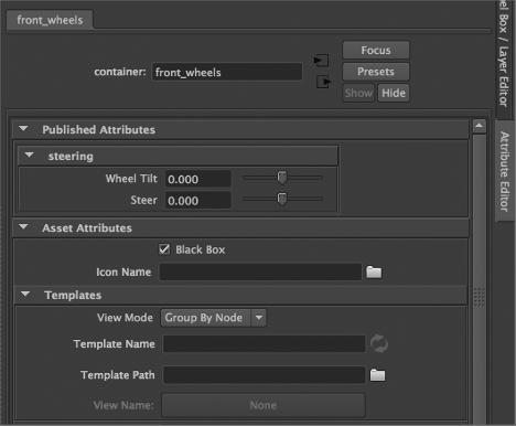 44 Chapter 1 Working in Autodesk Maya 7. Steer now appears in the right side of the Asset Editor. The view on the right side of the Asset Editor shows the attributes grouped by node.
