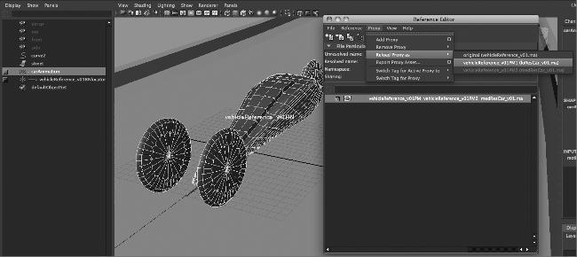 50 Chapter 1 Working in Autodesk Maya 14. From the menu bar in the Reference Editor, choose Proxy Reload Proxy As vehiclereference_v01pm1 (lorescarv01.ma).
