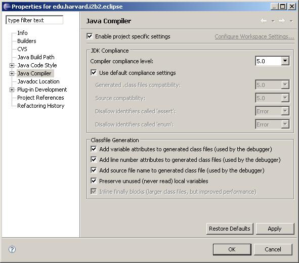 Building the i2b2workbench within the Eclipse IDE Check your Java Complier settings.