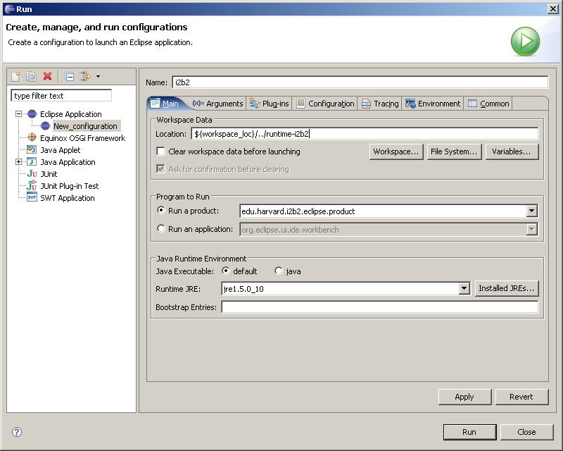 Running the i2b2workbench within the Eclipse IDE Right click the edu.harvard.i2b2.eclipse project -> Run As -> Run Create a new Eclipse Application Configuration by double-clicking on Eclipse Application.