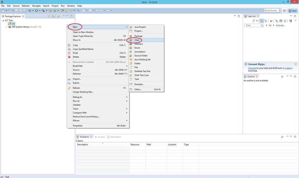 7. Right-click on the src folder of your Test Java Project in the package explorer