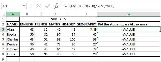 The formula as created by you will at first look like this: Instead of checking B3 against 50, we are now highlighting from B3 to F3.