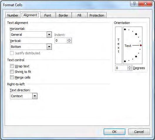 Vertical Alignment and Orientation Text can be vertically aligned at the top, bottom, centre, or justified in a cell. Data can be displayed vertically or on an angle.