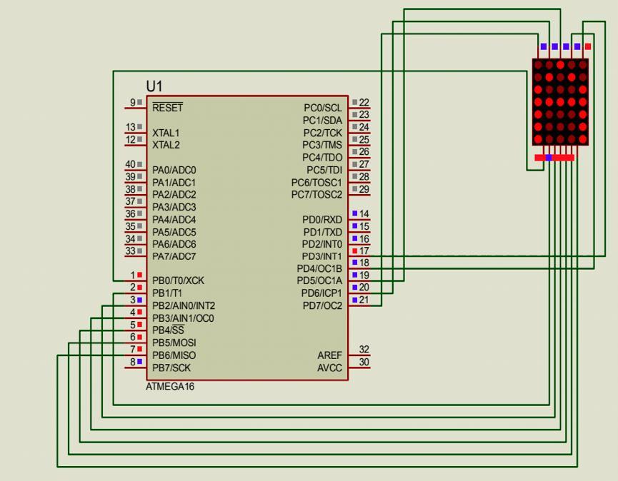 To program the LED dot matrix, we have used AVR (ATmega32) microcontroller. AVR microcontrollers are quite versatile and have various features compared to other well known microcontrollers.