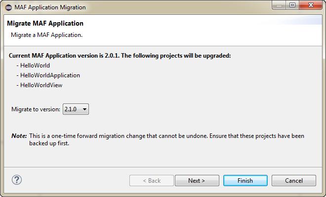 Migrating Cordova Plugins from Earlier Releases to MAF 2.3.3 Figure 3-2 Migration Wizard 3.4.1 How to Migrate an Application OEPE has a migration wizard that makes it easy to migrate your application.