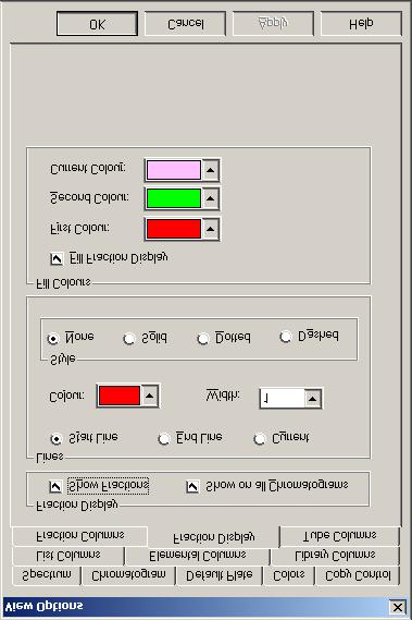 6 Figure 6-10 View Options Dialog Box, Fraction Display Page Show Fractions Show on all Chromatograms Select this check box to display the Lines and Fill Colours on the Chromatogram pane.