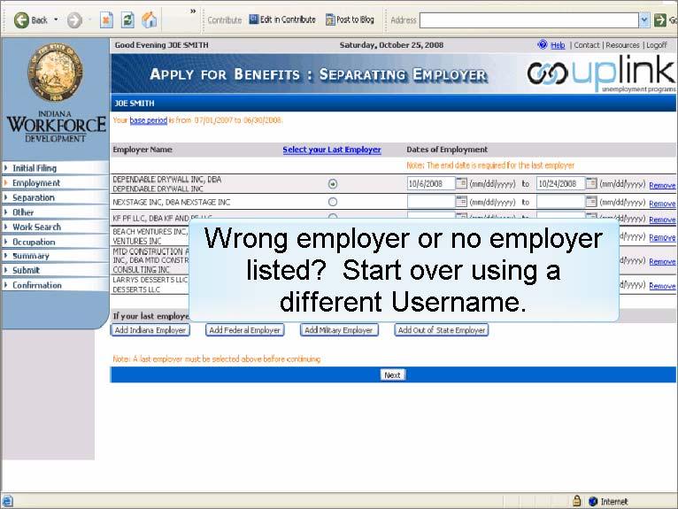 Slide 18 - Separating Employer Names of employers you have worked for in the past will automatically appear on this screen.