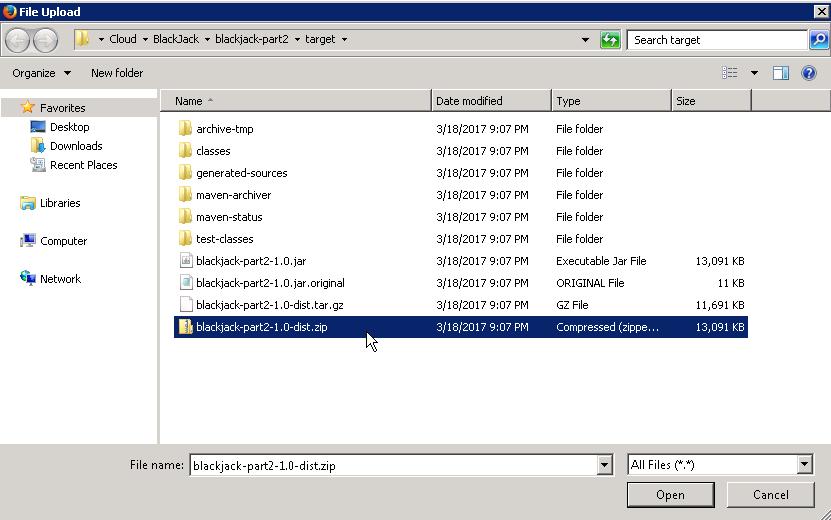 e. Select the blackjack-part2-1.0-dist.zip file from the target directory f.
