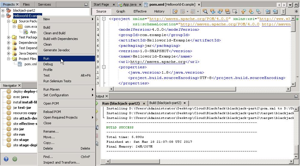 When see Build Success in Output Window, then Run 21) Right-click the Helloworld-Example project and click Run.