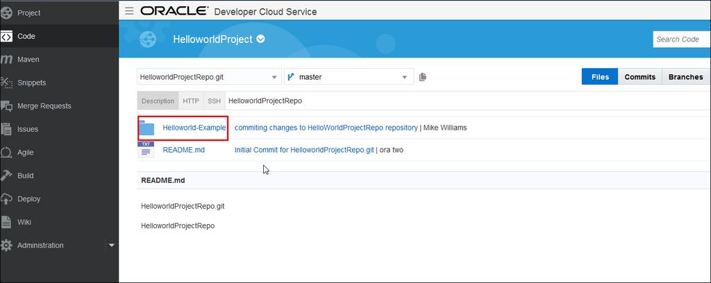 7) Commit the changes - git commit m commiting changes to HelloworldProjectRepo repository 8) Push the files to the repository on Developer Cloud Service - git push origin master 9) Switch to