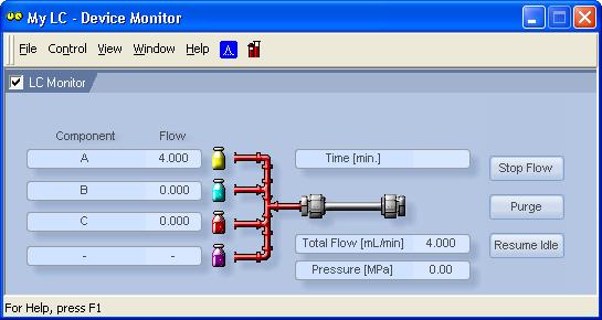 4 Using the control module 4.2.4 Device Monitor The pump status dialog can be invoked by the Monitor - Device Monitor command from the Instrument window or using the LC Monitor icon.