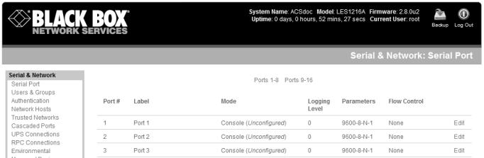 Step 4: Configure serial and network devices. Select Serial & Network: Serial Port, which will display the label, mode, and protocol options currently set for the serial port.