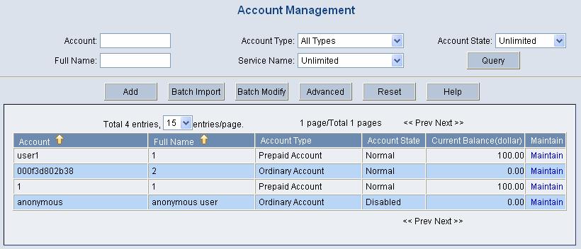 the navigation tree to enter the Account Management page, as shown in the following figure.