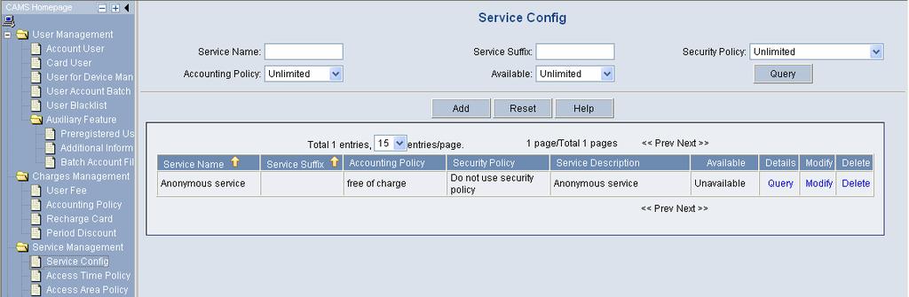 On the navigation tree, select [Service Management/Service Config] to enter the [Service Config] page, as shown in Figure 3-7.