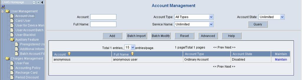 A service type is added. IV. Adding an account user 1) Enter the Account Management page. Log in the CAMS configuration console.