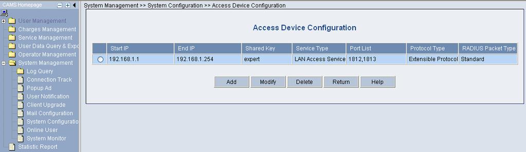 Configuration] page to modify access device configuration like IP address, shared key, and