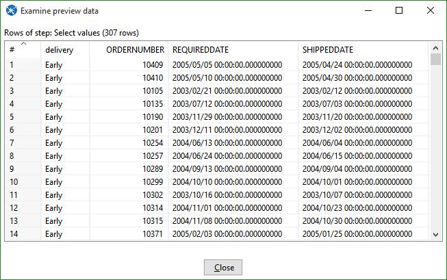 31. Configure the Select values step to select the fields delivery, ORDERNUMBER, REQUIREDDATE, and SHIPPEDDATE. 32. Click on the Select values step, and do a Preview. 33.