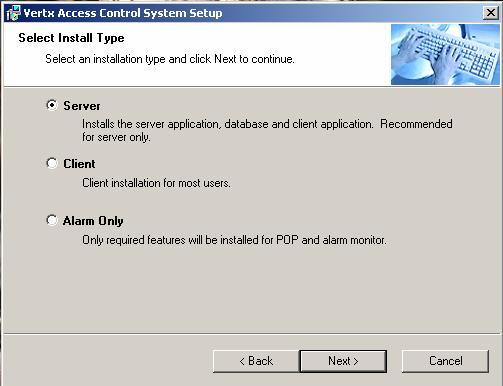 l. Select Server to install the server, m.